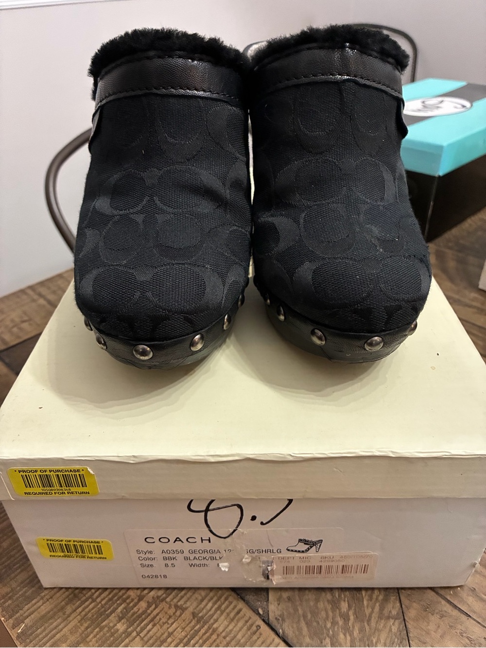 Coach Black Signature Clog Mules with Fur Trim